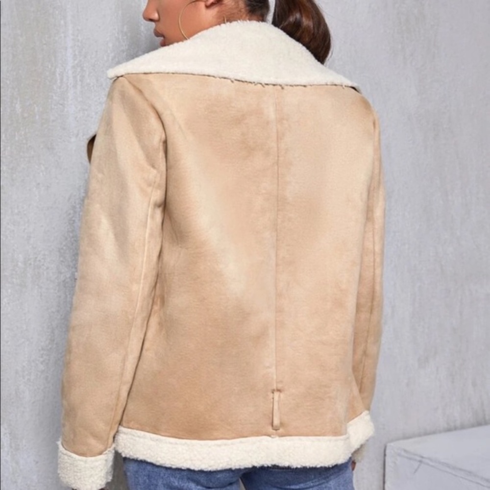 faux fur shearling Vegan suede  lined jacket tan - Picture 3 of 5